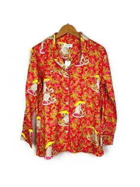 Jayes Studio Mandarin Monkey Cotton Pajama Shirt Pink Red Print size small